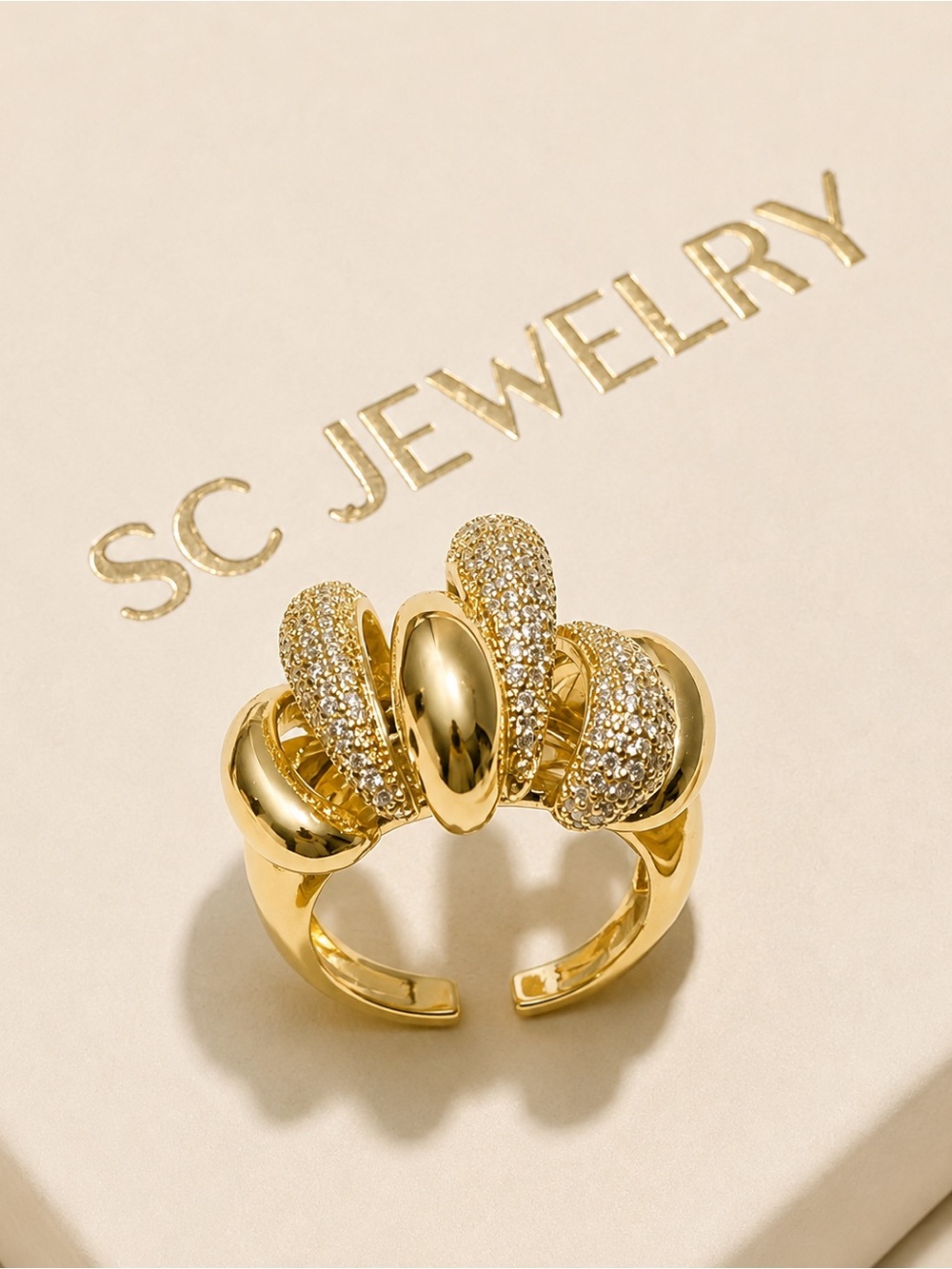 Dome Teardrop Open Ring | Cubic Zirconia | Modern Gold Tone Design - Picture 3 of 9